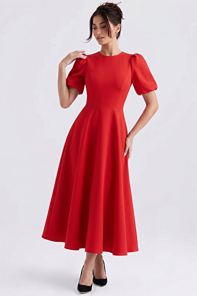 MODA DURAĞI Atlas Fabric Round Neck Princess Sleeve Design Midi Evening Dress Premium Dress