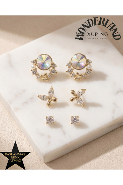 XUPING JEWELRY Zirkon Taşlı Kelebek Mavi Beyaz Hologramli Set Kadın Küpe - Ço...