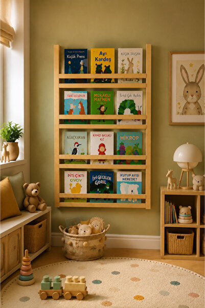 Naturel Home Duvar Kitaplığı Masif Ahşap Montessori Duvar Kitaplık