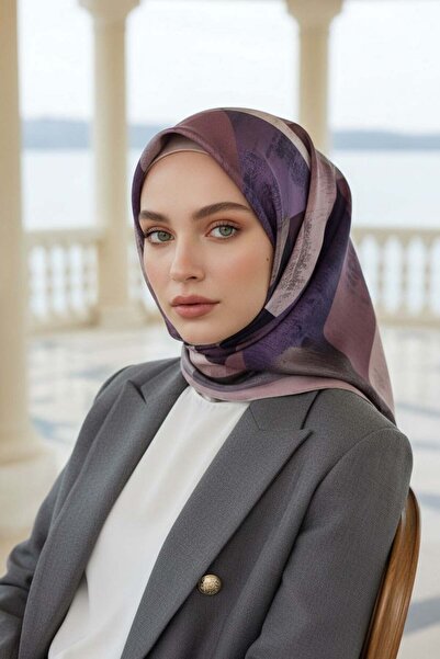 Vissona %100 Twill İpek Geometrik Desenli Lila - Pembe Renkli 90x90 Eşarp Dik...