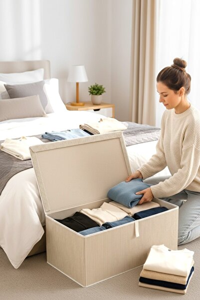 Helen's Home Büyük Boy Kapaklı Kutu Hurç 70x40x30 Saklama Kutusu Battaniye Yorgan Kıyafet Organizer Mega Plus