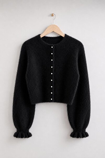 DAĞON'S Women's Beard Knitwear Cardigan with Pearl Buttons and Ruffled Sleeves