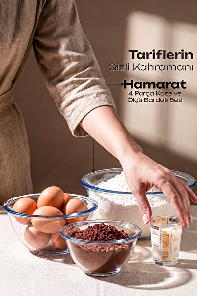 Perotti Hamarat 4 Parça Isıya Dayanıklı Borosilikat Cam Hazırlık Seti - 3 Boy Fırınlanabilir Cam Kase ve Ölçü Bardağı
