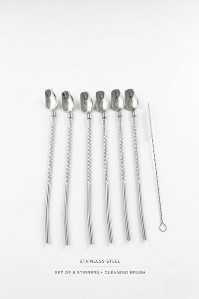 Elista 6-Piece Stainless Chrome Latte Spoon with Straw, Cocktail Spoon and Cl...