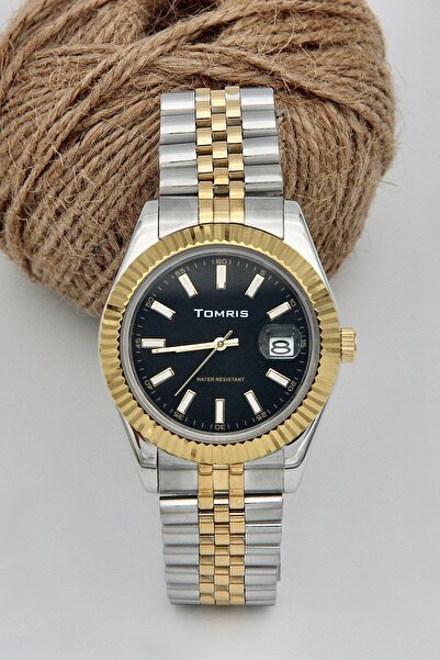 TOMRİS All Steel, Waterproof, Gold Silver Color Band, Striped, Calendar, Wris...