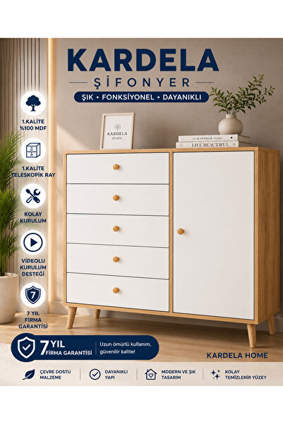 Kardelahome Kardela Premium Mdf Şifonyer 5 Çekmeceli Kapaklı Dolaplı Beyaz At...
