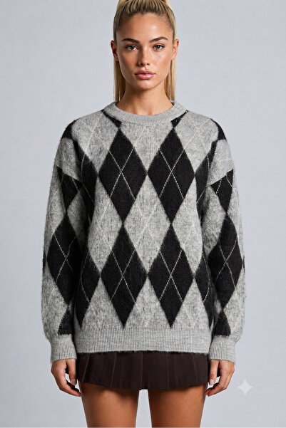 MODASPARK Gray Baklava Pattern Crew Neck Oversize Women's Knitwear Sweater