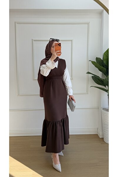 Nisa Nalbantoğlu Brown Crepe Hijab Ruffled Gilet