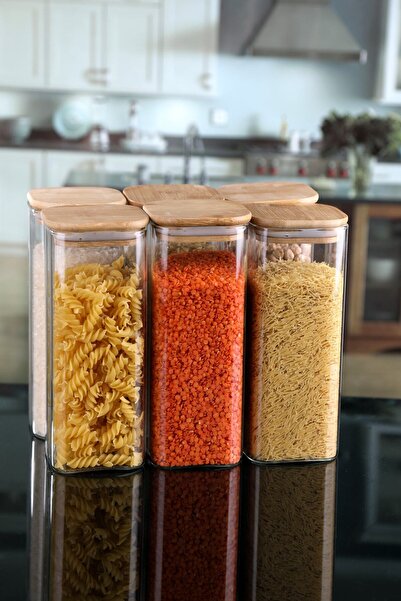 Karçiçeği Home 6-Piece 1000 ml Square Bamboo Lid Luxury Vacuum Spice Containe...