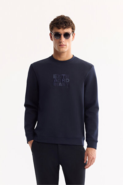 Avva Men's Navy Blue Crew Neck Cotton Bi-Stretch Printed Regular Fit Sweatshi...