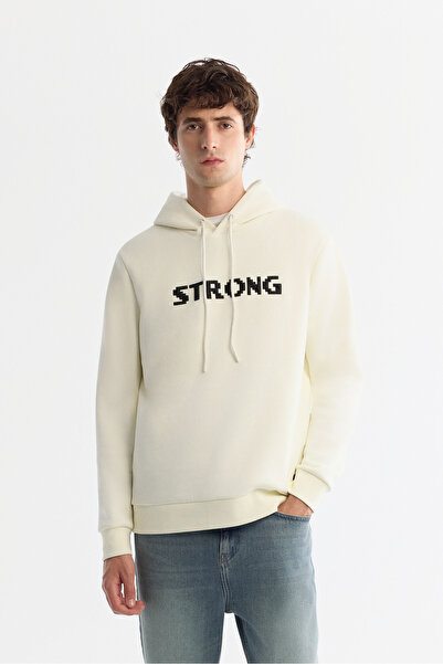 Avva Men's Ecru Hooded 3 Thread Raised Print Regular Fit Sweatshirt A42Y1222