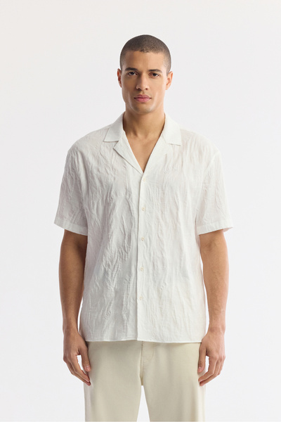 Avva Men's White Apaj Collar 100% Cotton Jacquard Short Sleeve Comfort Fit Sh...