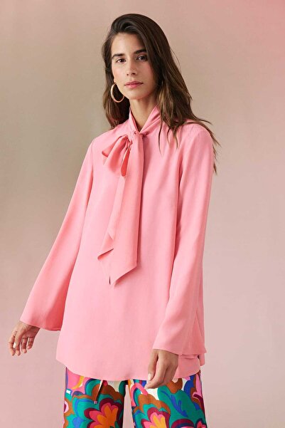Roman Şal Yaka İspanyol Kol Krep Tunik Pembe Y2413310_038