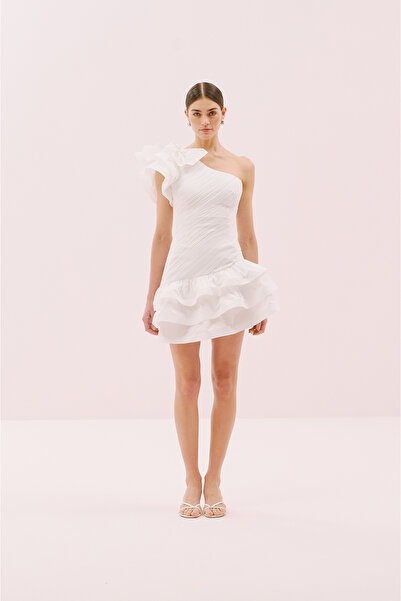 Roman Tek Omuz Tafta Mini Elbise Beyaz Y2511526_002