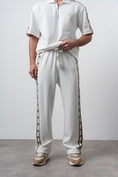 Respire Men's R Stripe Detailed Baggy Sweatpants Ecru
