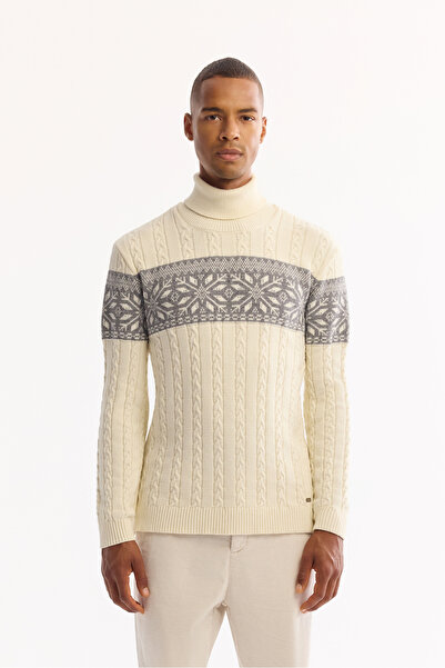 Avva Men's Ecru Turtleneck Soft Touch Patterned Knitwear Regular Fit Sweater ...