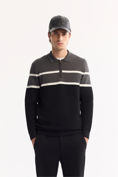 Avva Men's Anthracite Polo Neck Zippered Striped Knitwear Regular Fit Sweater...