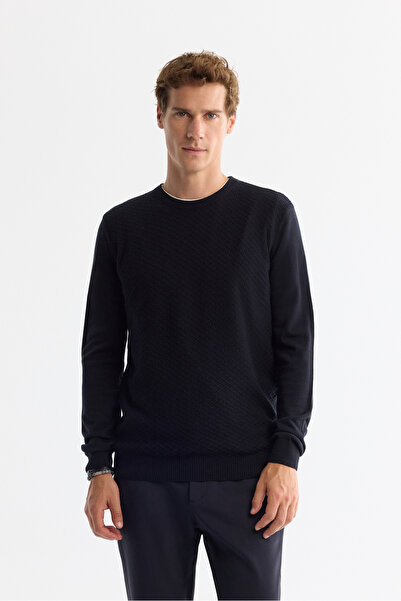 Avva Men's Navy Blue Crew Neck Textured Regular Fit Knitwear Sweater E005109