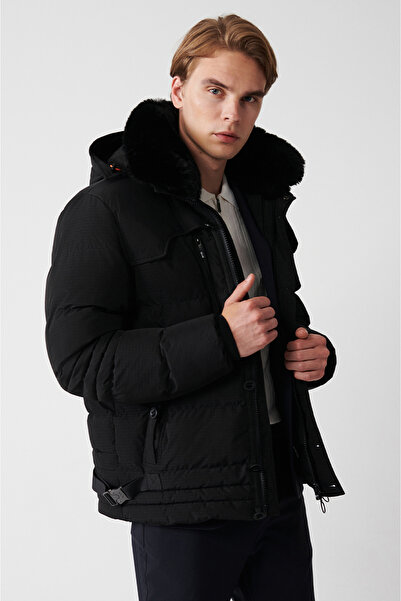 Avva Men's Black Water Repellent Windproof Inflatable Coat with Removable Hoo...