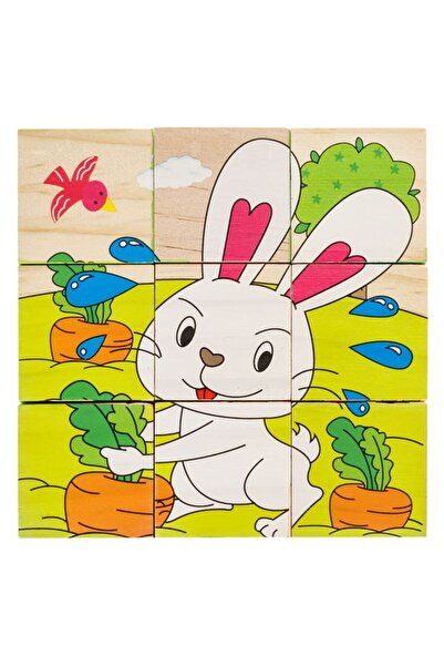 BAMI NETWORK Cuburi din lemn puzzle animale ferma 9 piese 10.3x10.3cm