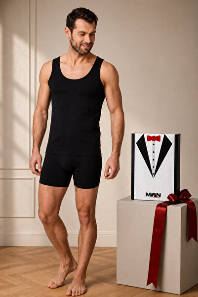 QKK Men's Cotton & Lycra Black Groom Dowry Undershirt & Boxer Set Qu1O9K.K5A.