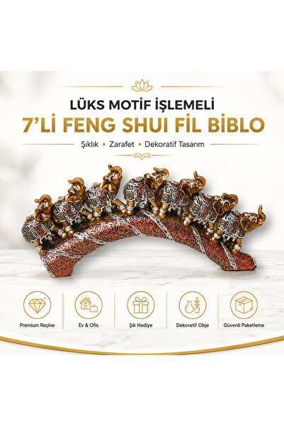 e-life shop Lüks Motif İşlemeli 7'li Feng Shui Şans Bereket Fil Biblo Dekorat...