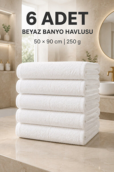MEŞELİ TEKSTİL 6 Pieces White 100% Cotton Hotel Hand - Face Towels - 50X90 cm