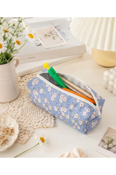 ikizelbutik Blue Floral Pencil Case – Zippered Lined School & Office Pen Hold...