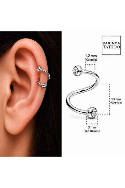 Karınca Piercing 10 mm Spiral Taşlı Twisted Barbell Piercing Kulak Helix Earc...