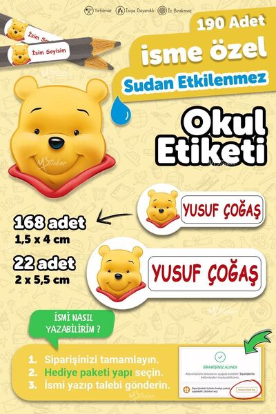 MSticker Okul Etiketi Kalem Defter Etiketi Özel Isim Yazılabilen Etiket Winni...