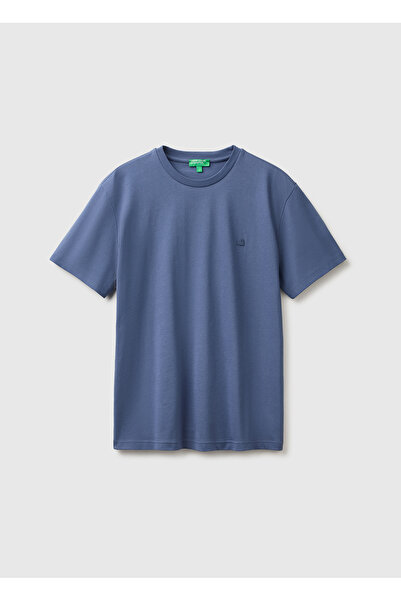 United Colors of Benetton Men's Aviator Blue 100% Cotton Logo Crew Neck T-Shirt