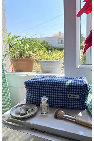perlina home Makyaj Çantası Ekose Koyu Mavi Büyük Boy