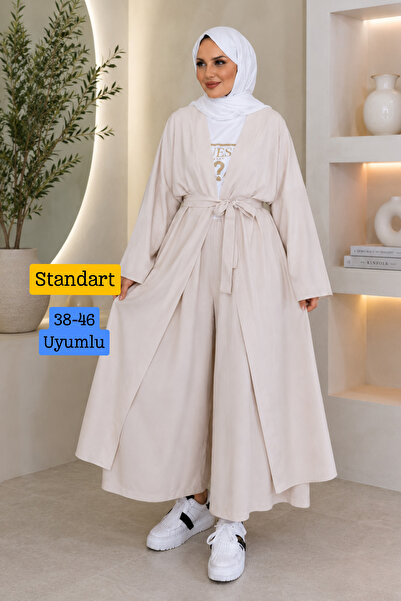 Mogi Butik Women's Kimono Long Cardigan Trouser Set Belted Hijab Combination ...