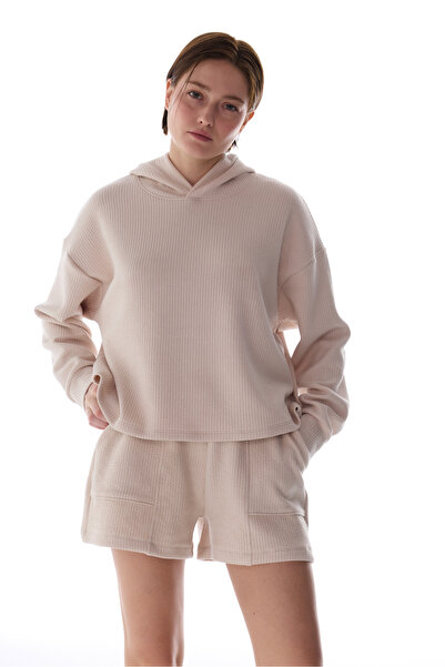 Penti Pastellbeiger gerippter Kapuzenpullover
