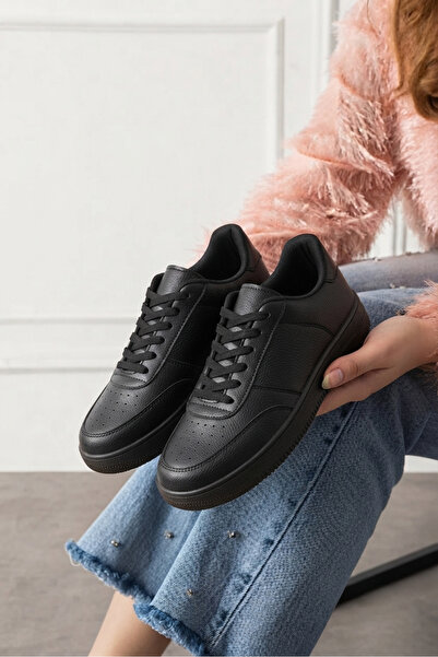 İmerShoes Kadın Siyah Sneaker Kalın Tabanlı Bağcıklı Hafif Nefes Alan Günlük Yürüyüş Spor Ayakkabı 1004