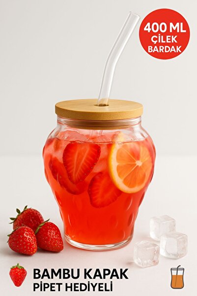 Open Home Concept Strawberry Patterned 400 ml Borosilicate Glass Cup – with B...