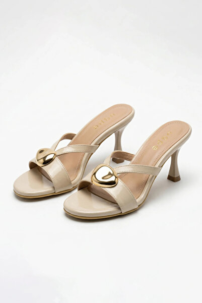 uqpe Raven Large Gold Accessory Cross-Strapped Goblet Heeled Slippers - Ecru ...