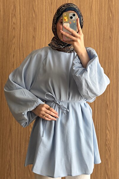 QUWİQ Women's Crew Neck Balloon Sleeve Waist Tie Hijab Tunic