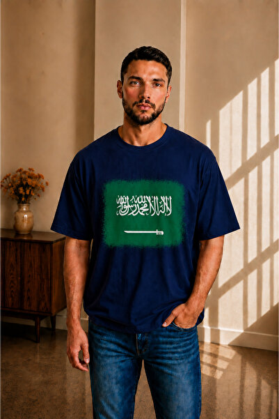 sngl tekstil Men's Oversized Saudi Arabia Flag Printed Short Sleeve T-Shirt S...