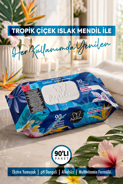 Papilion Tropik Çiçek Kokulu Islak Mendil 90 Yaprak Alkolsüz pH Dengeli Ekstr...