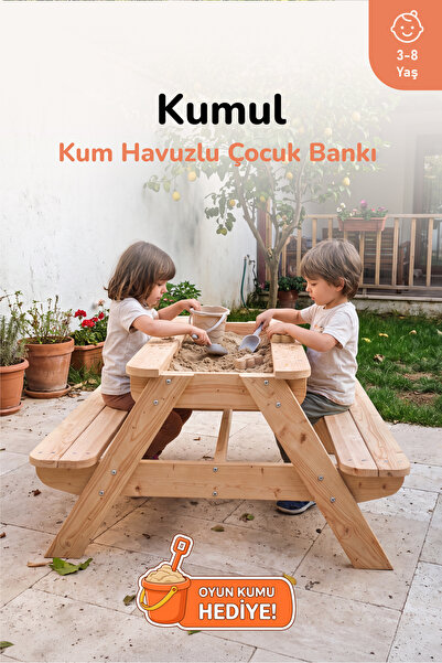 ovlo Ahşap Kum Havuzlu Çocuk Oyun Masası 3-8 Yaş 4 Kişilik Kumul