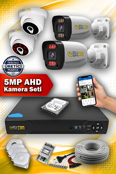 Elitcam 4 Kameralı Süper 2 İç Kamera Set 250 GB 5 MP 2K Net Gece Görüşlü Güve...