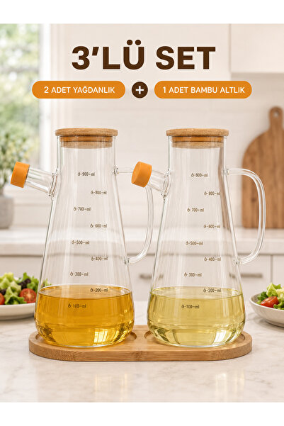 prokitchen 3-Piece Bamboo Lid Vacuum Oil Pot Set Borosilicate Glass Oil Pot V...