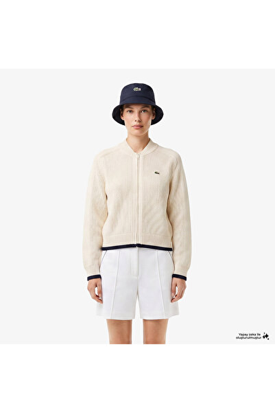 Lacoste Kadın Classic Fit Hakim Yaka Krem Hırka