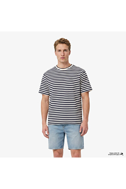 Lacoste Erkek Relaxed Fit Bisiklet Yaka Çizgili Lacivert T-Shirt