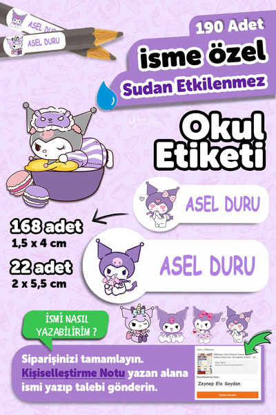 MSticker Okul Etiketi Kalem Defter isimli Etiket Isim Yazılabilen Kuromi 3- 1...