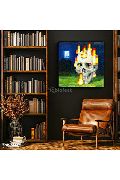 Tablofest Kare Kanvas Tablo Skull On Fire Piksel Minecraft Tablosu Ev Ofis Sa...