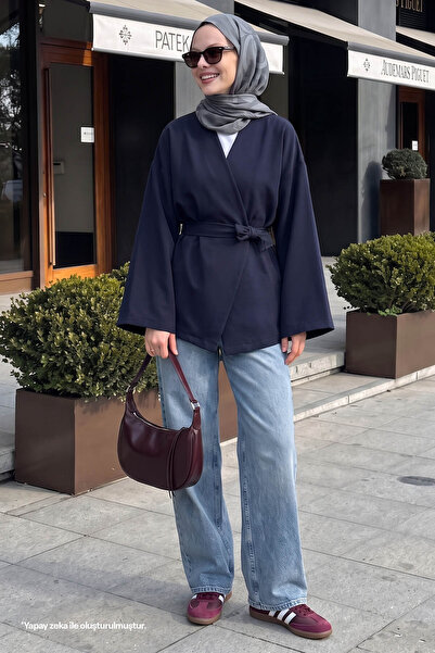 InStyle Kimono dublu cu centură și un singur buton, albastru bleumarin