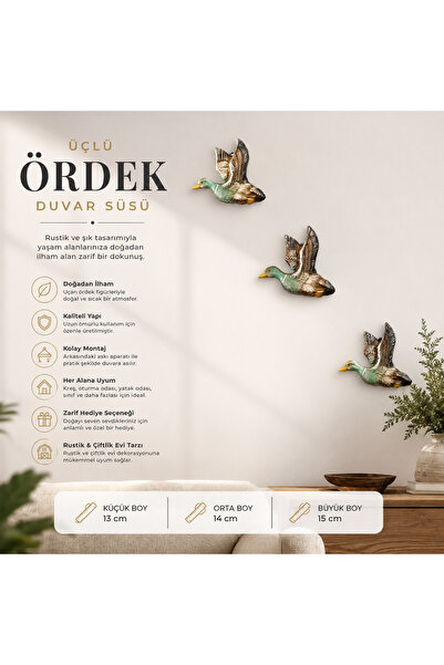 e-life shop Üçlü Ördek Duvar Süsü Dekoratif Polyester Uçan Ördekler Rustik Çi...