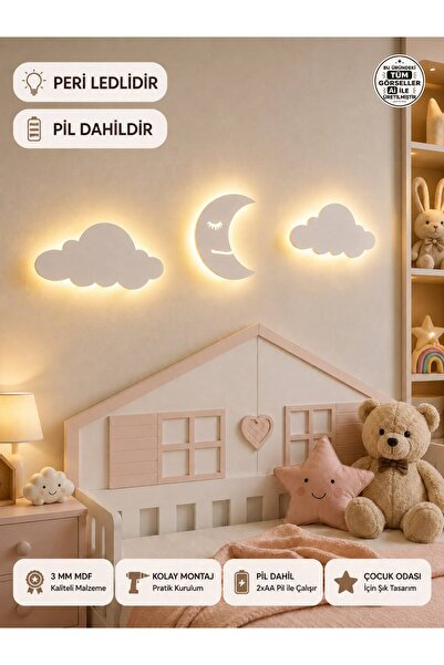 Windly Concept LED Işıklı Ay ve Bulut Duvar Süsü Seti MDF Bebek Odası Dekoru ...